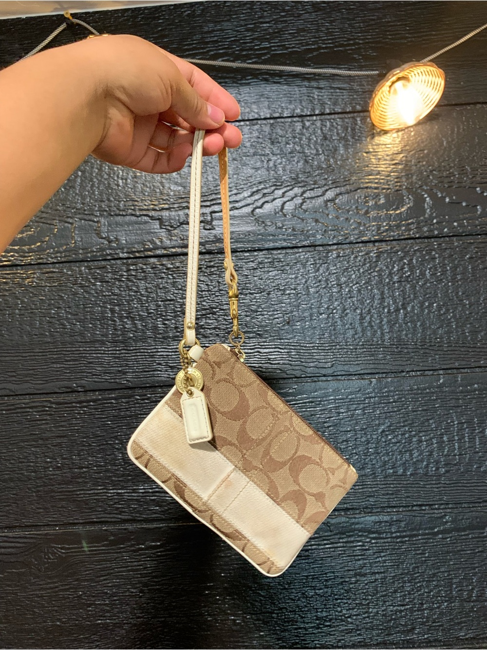 Y2K COACH Brown Signature Stripe Wristlet with Charm (Canvas & Leather)